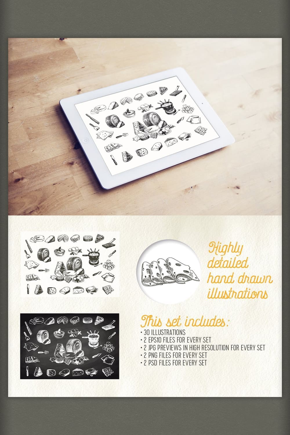 Highly Detailed Hand Drawn Illustrations, Cheese In Tablet, List and Chalkboard Version.