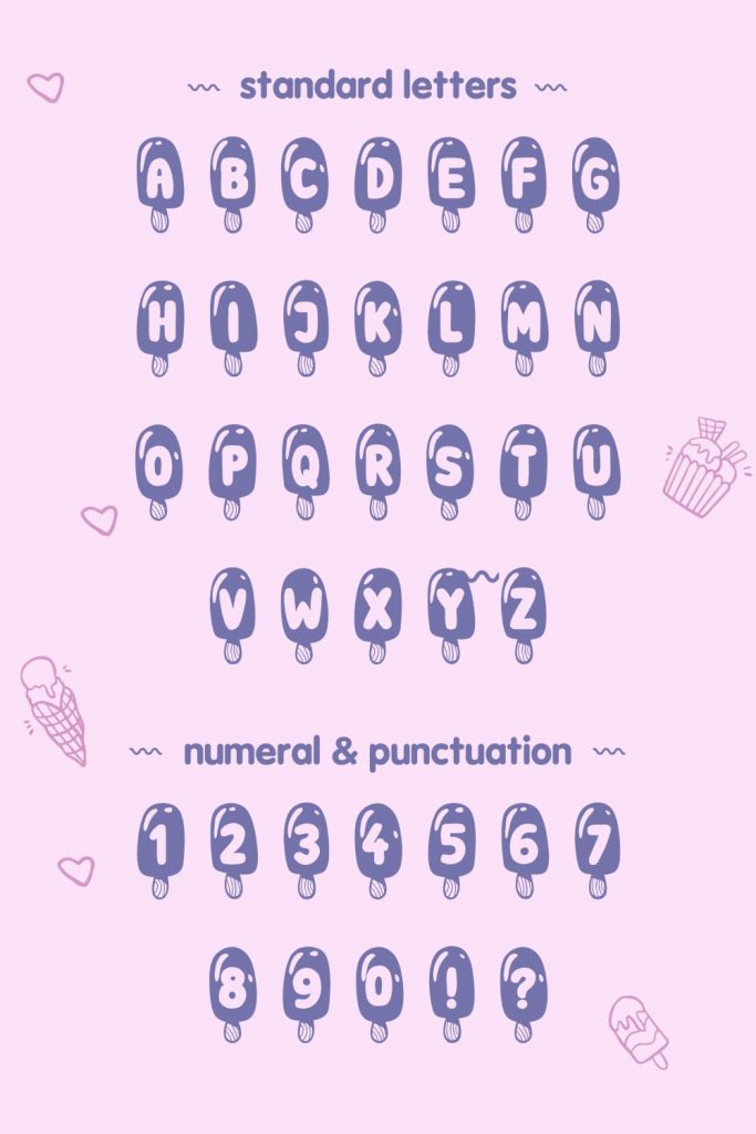 Pinterest Preview for Free Ice Cream Font Letters, Numeral and Punctuation.