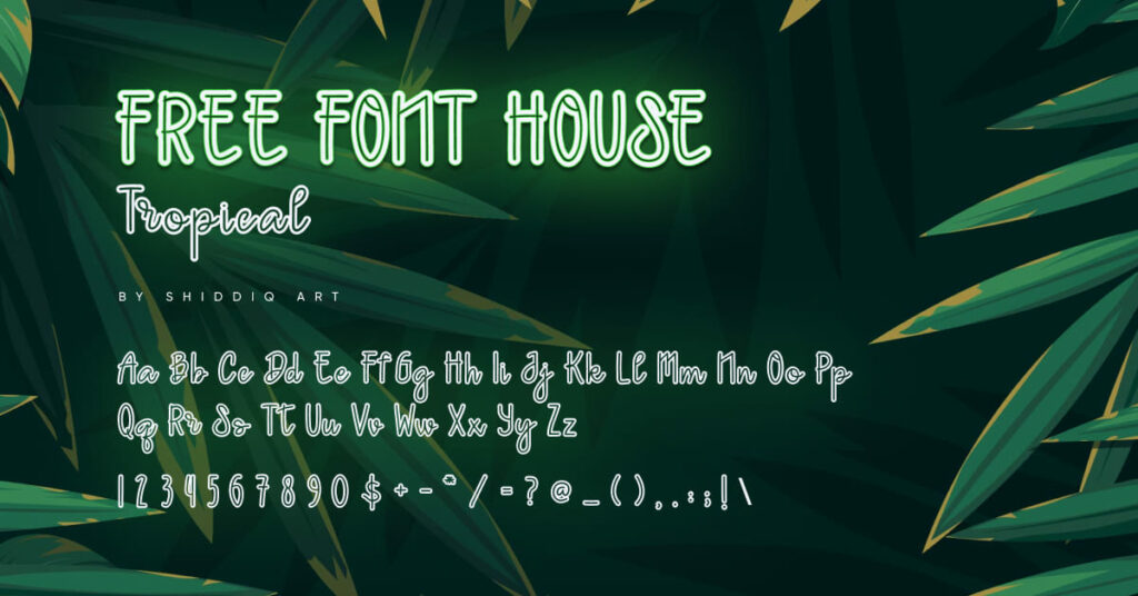 MasterBundles Tropical House Free Outline Font Facebook Collage Image with Alphabet.