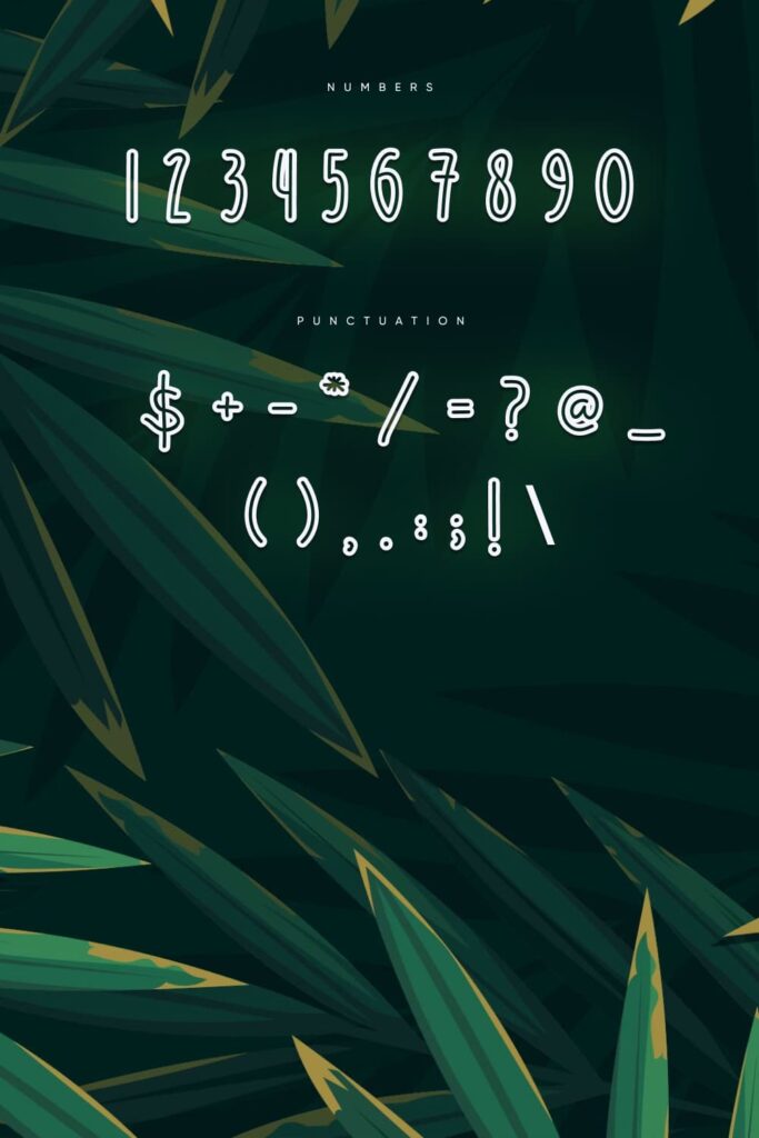 Tropical House Free Outline Font Pinterest Collage Image with Numbers and Punctuation.