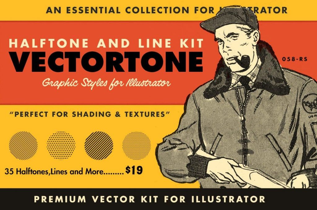 Man with a pipe on the cover of VectorTone Retro Halftone Brushes.
