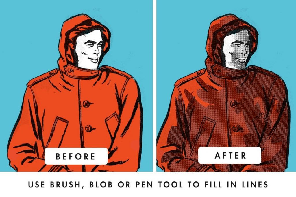 The man in the red jacket in the Before and After illustration of VectorTone Retro Halftone Brushes.