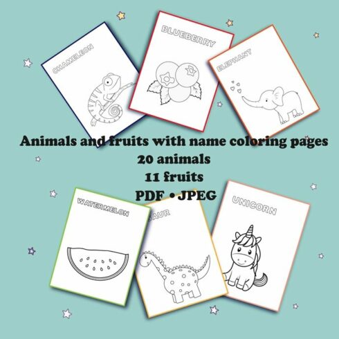 20 cute smiling animals and 11 fruits with name coloring pages.