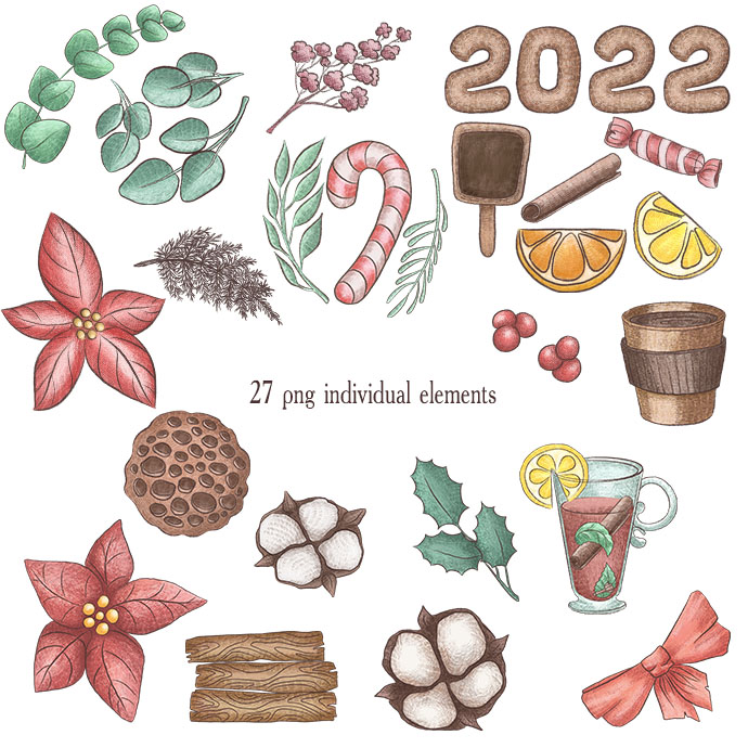 Christmas Clipart with Plant Elements and Animals preview image.