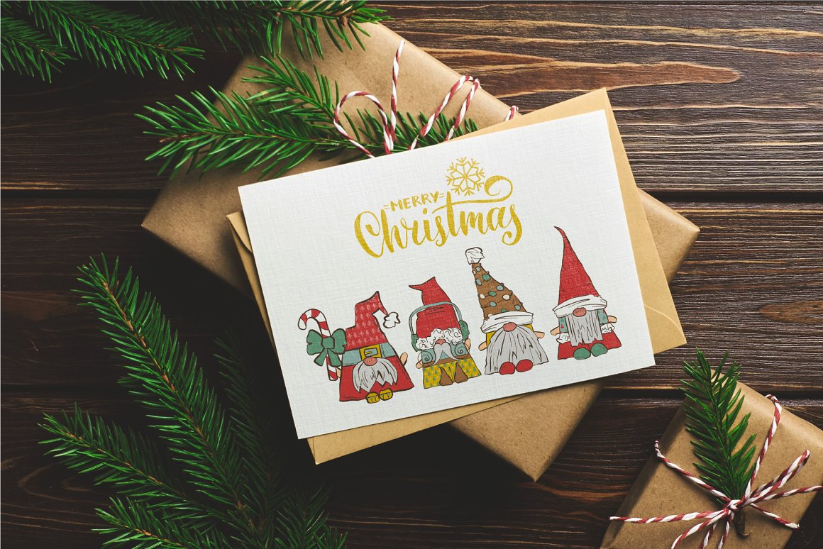 cute christmas gnomes on card.
