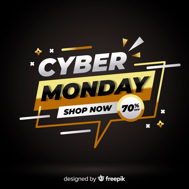 Cyber Monday Golden Speech Bubble Background Free Vector cover image.