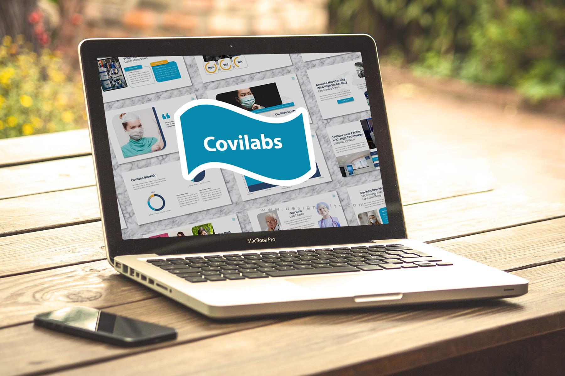 Covilabs - Covid Medical Powerpoint by MasterBundles notebook preview mockup image.