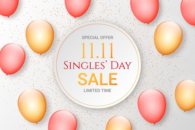 Realistic Golden and Red Single's Day Background Free Vector.