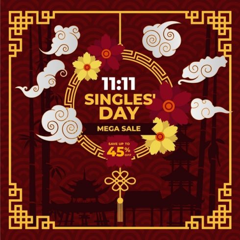 Red and Golden Singles Day Free Vector cover image.