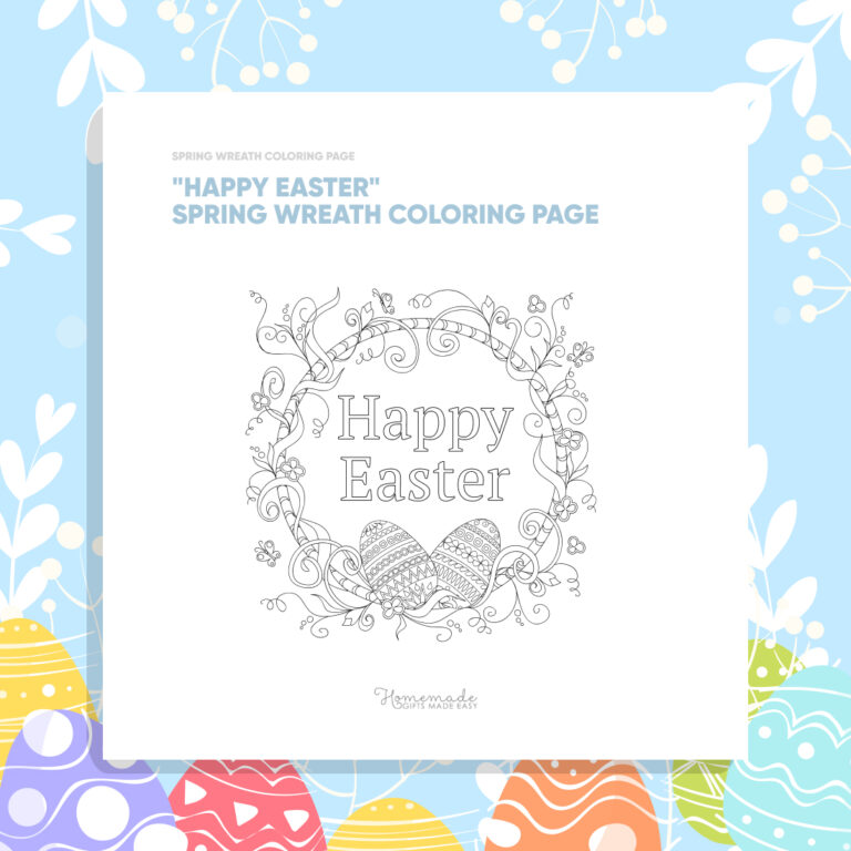 "Happy Easter" Spring Wreath Coloring Page – MasterBundles