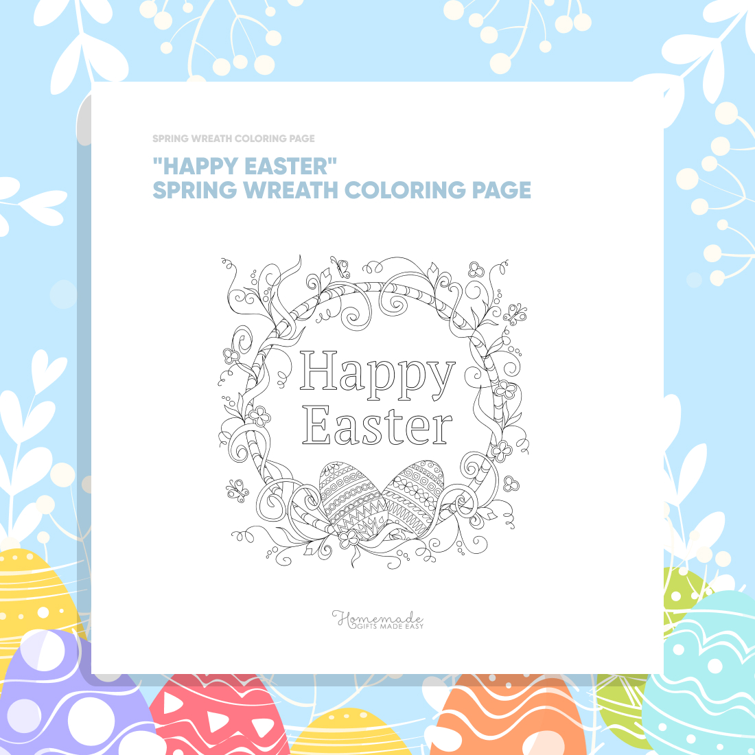 "Happy Easter" Spring Wreath Coloring Page cover image.