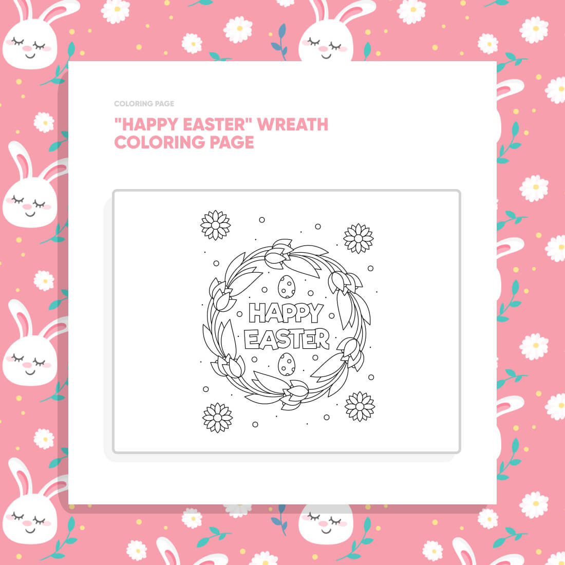 "Happy Easter" Wreath Coloring Page preview image.
