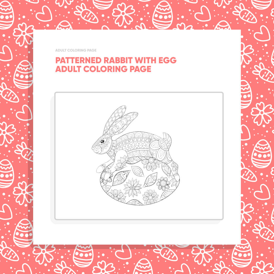 Patterned Rabbit with Egg Adult Coloring Page cover image.