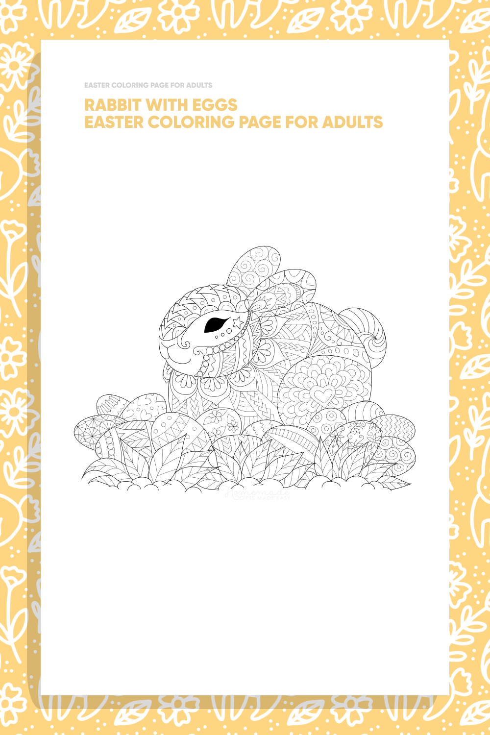 Rabbit with Eggs Easter Coloring Page for Adults pinterest image.