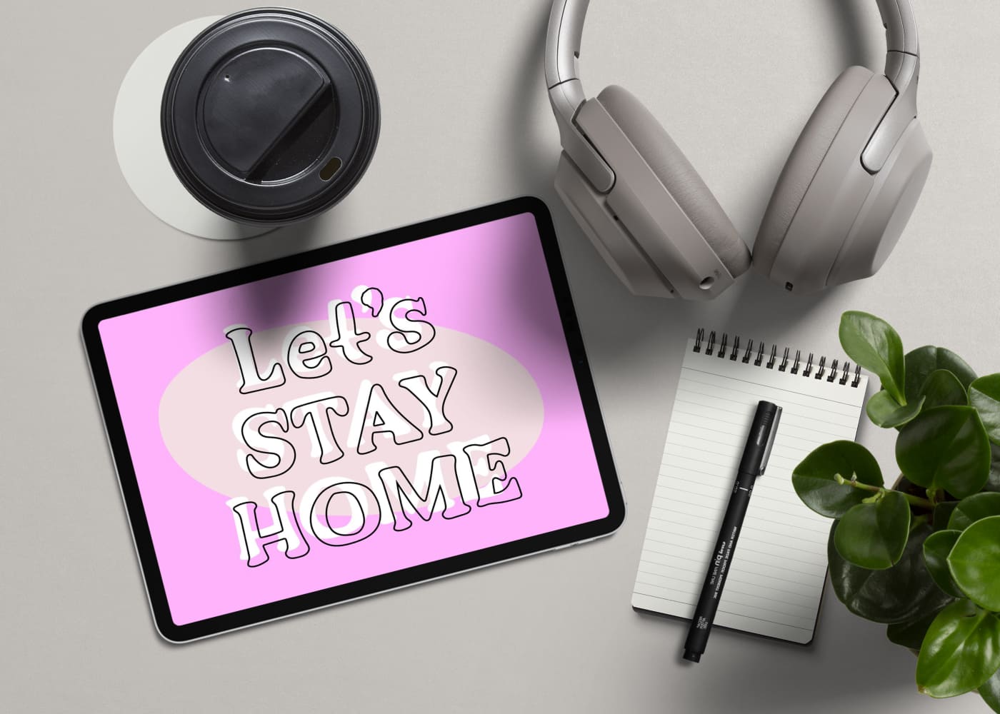 Cozy Outline - "Let's Stay Home" On The Tablet.