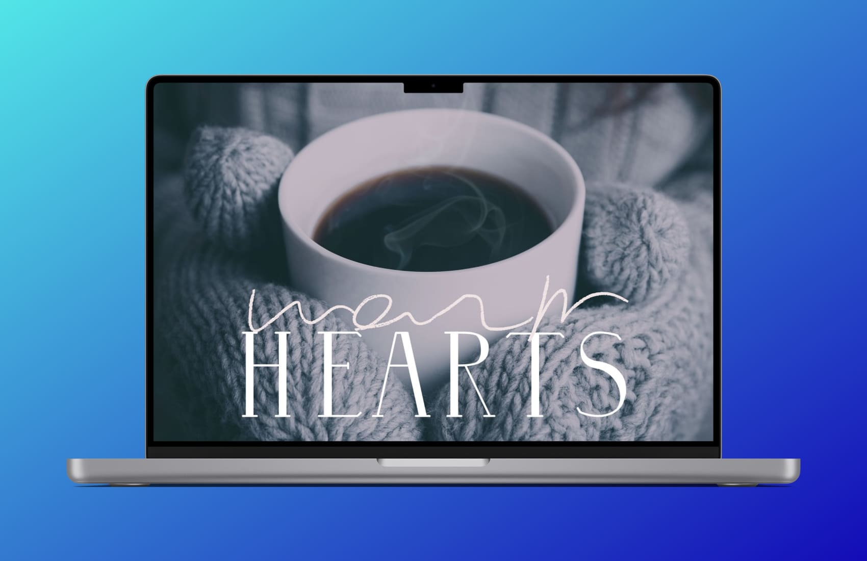 Wintery - A Serif Font Family, "Warm Hearts" On The Laptop.