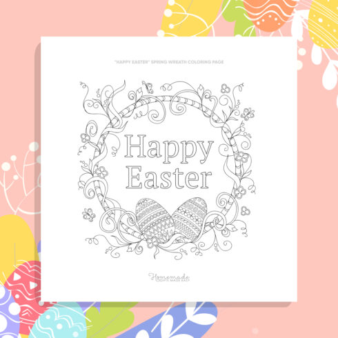 "Happy Easter" Spring Wreath Coloring Page cover image.