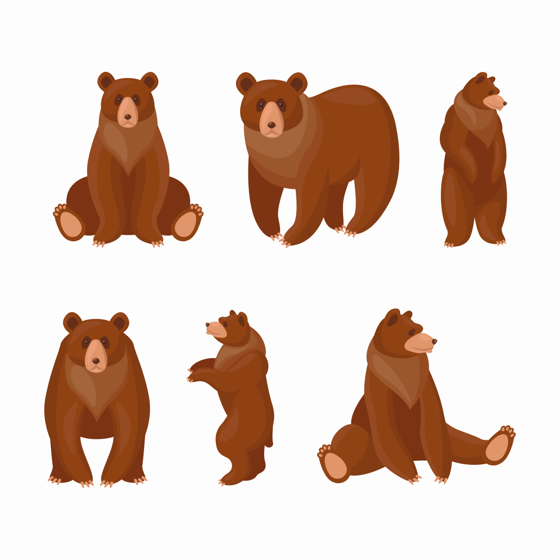 Set of brown bears sitting and standing.