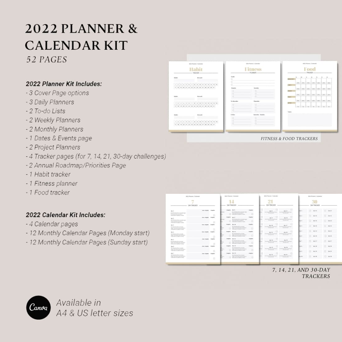 canva planner 2022 calendar kit preview image.