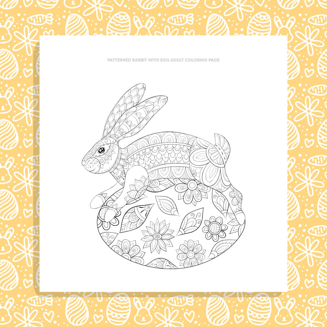 Patterned Rabbit with Egg Adult Coloring Page preview image.