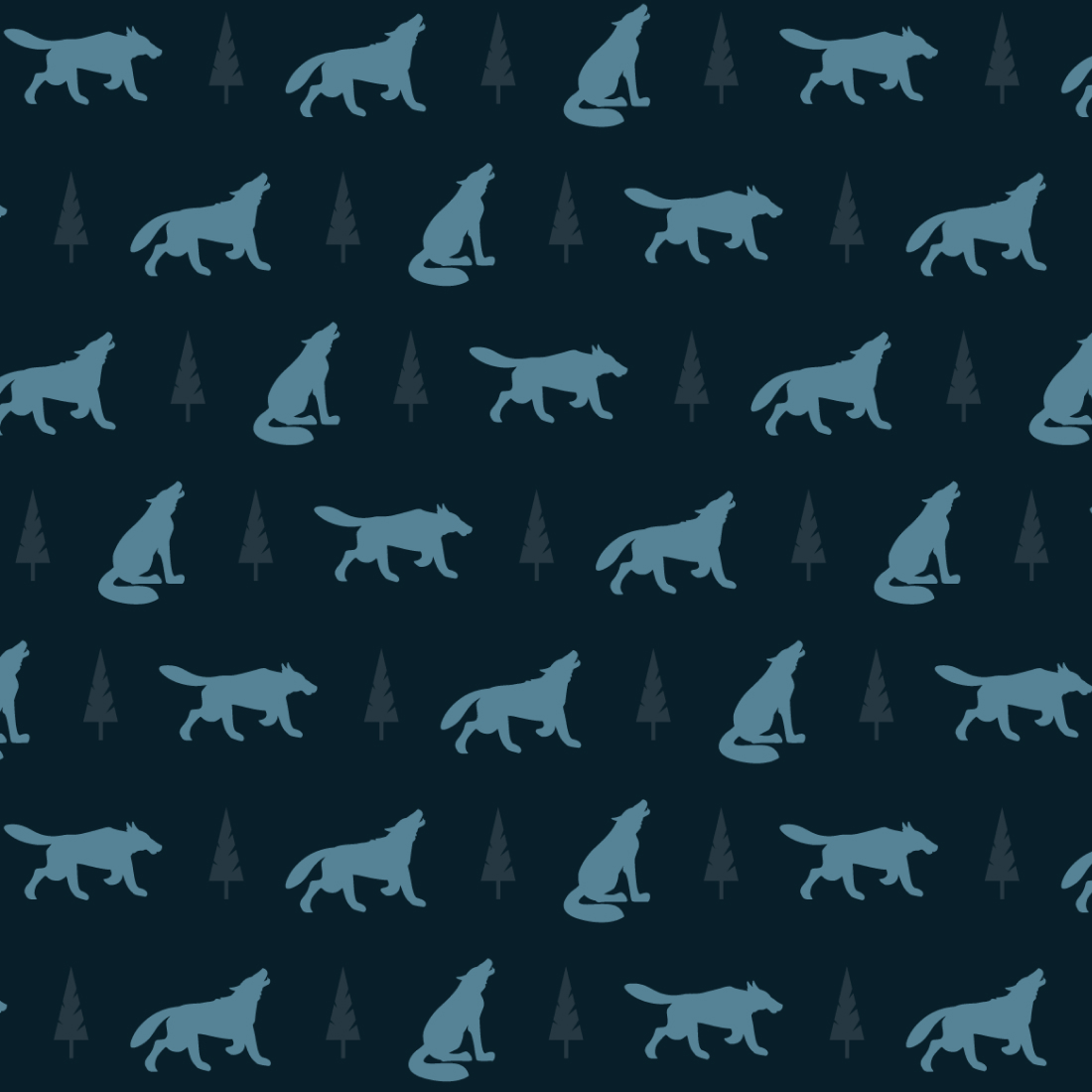 Pattern of dogs and trees on a black background.