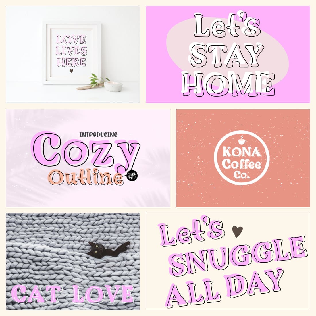 Introducing Cozy Outline - Six Pictures With Phrases.