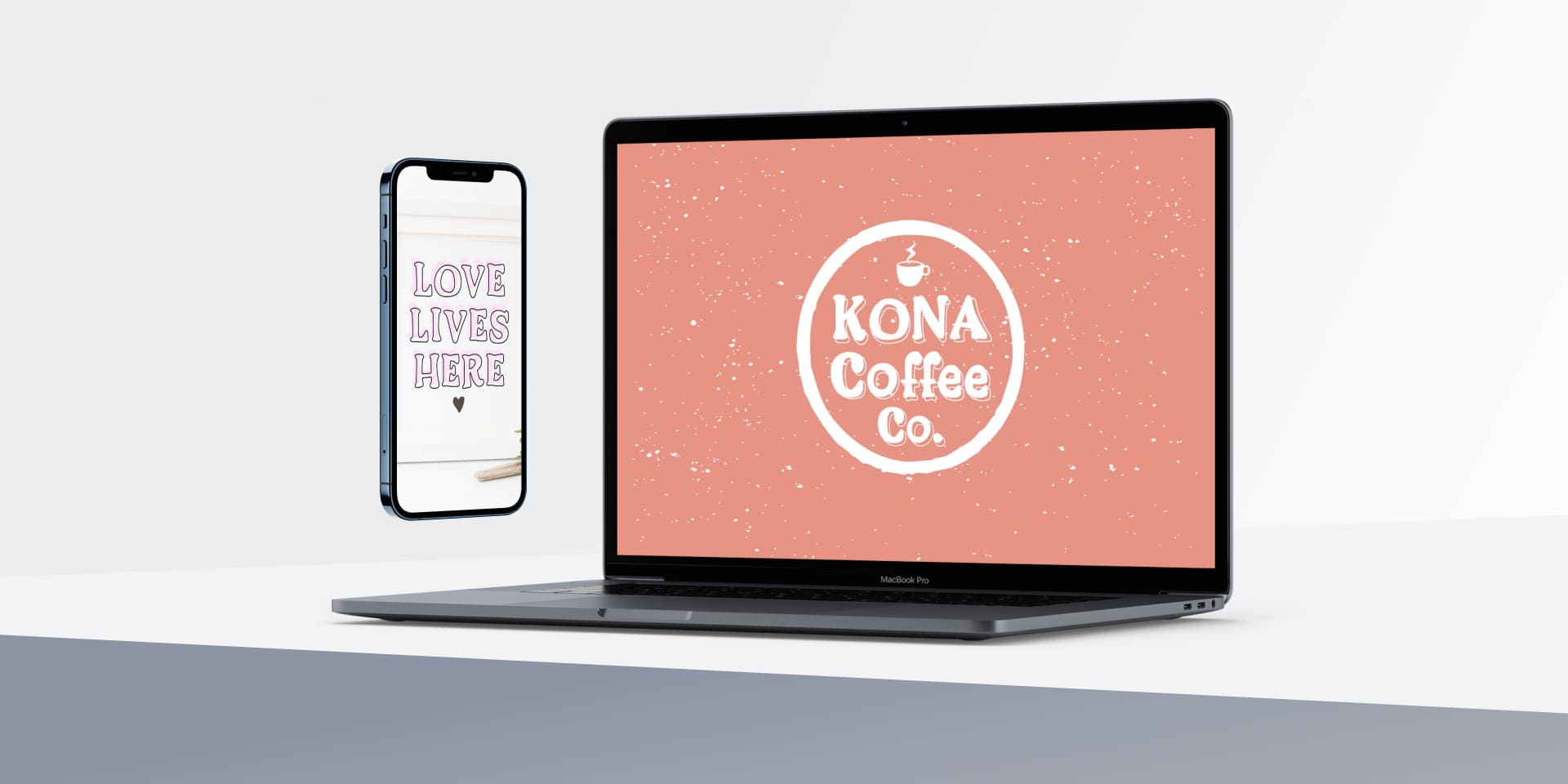 Cozy Outline - "Love Lives Here", "Kona Coffee Co." On The Phone And Laptop.