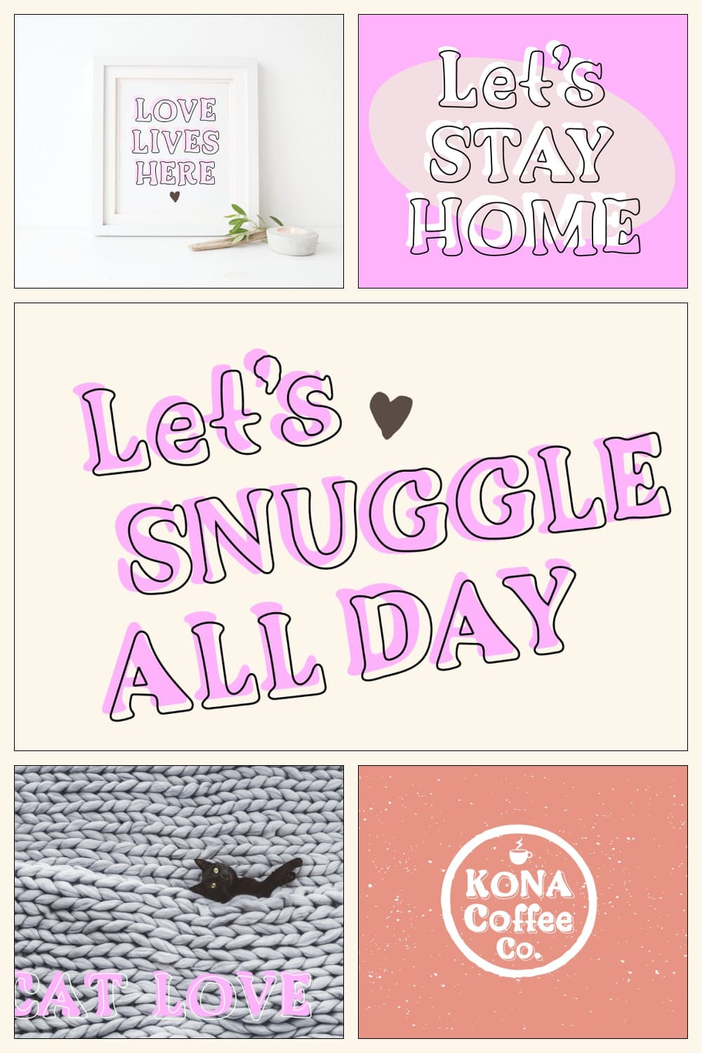 Introducing Cozy Outline - "Let's Snuggle All Day", "Let's Stay Home", "Kona Coffee Co".
