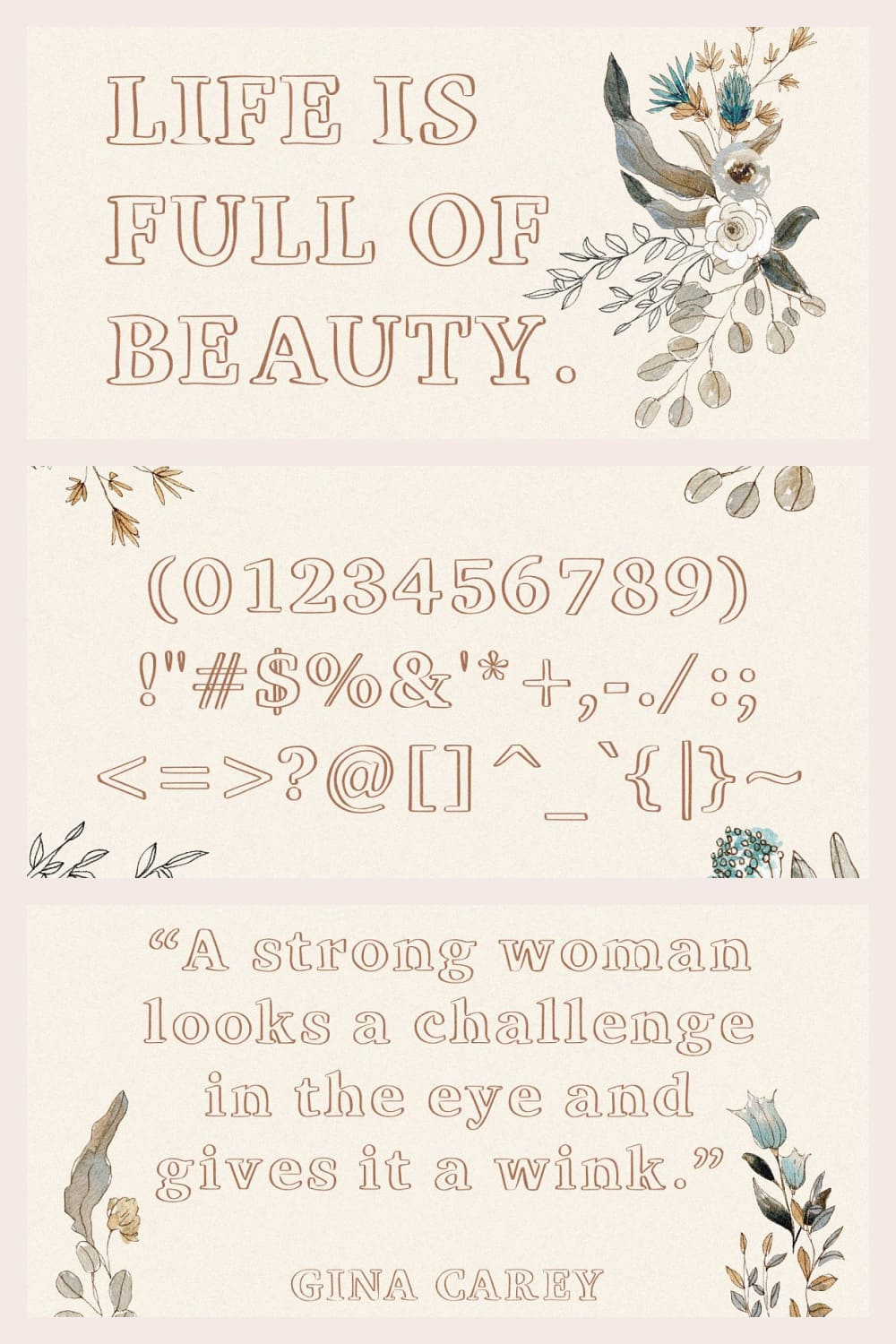 Viktoria - Outline Serif Typeface Preview With Symbols - "A Strong Woman Looks A Challenge In The Eye And Gives It A Wink".