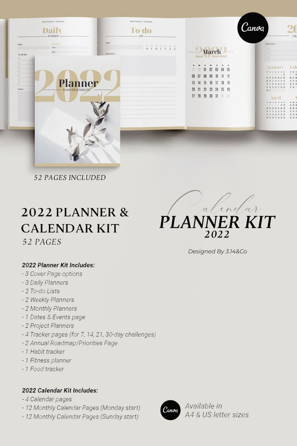 canva planner 2022 calendar kit pinterest image.