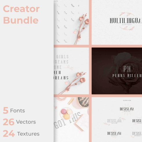 Creator Bundle: 5 Fonts, 26 Vectors, 24 Textures cover image.