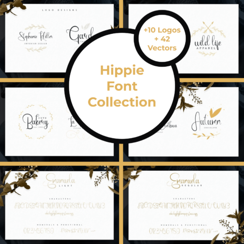 Hippie Font Collection: Typeface +10 Logos + 42 Vectors preview image.