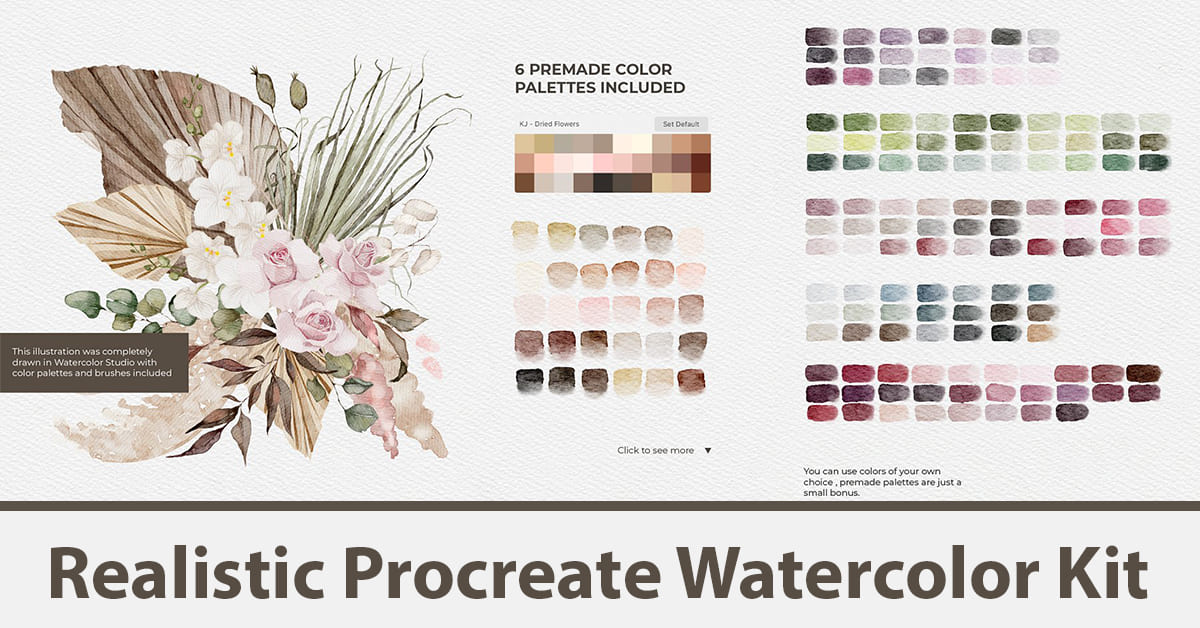 Realistic Procreate Watercolor Kit - Premade Color Palettes Preview.