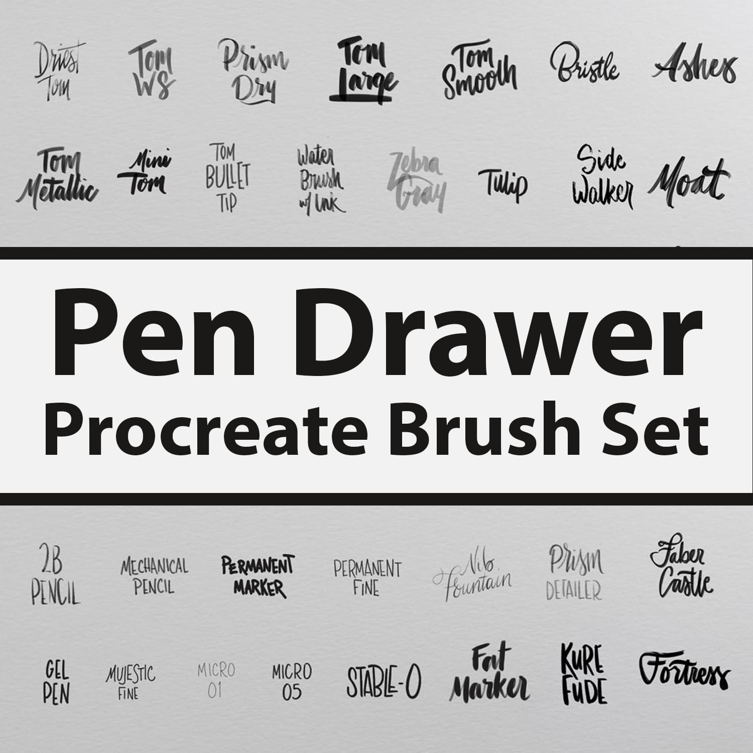 Pen Drawer Procreate Brush Set - Words Examples.