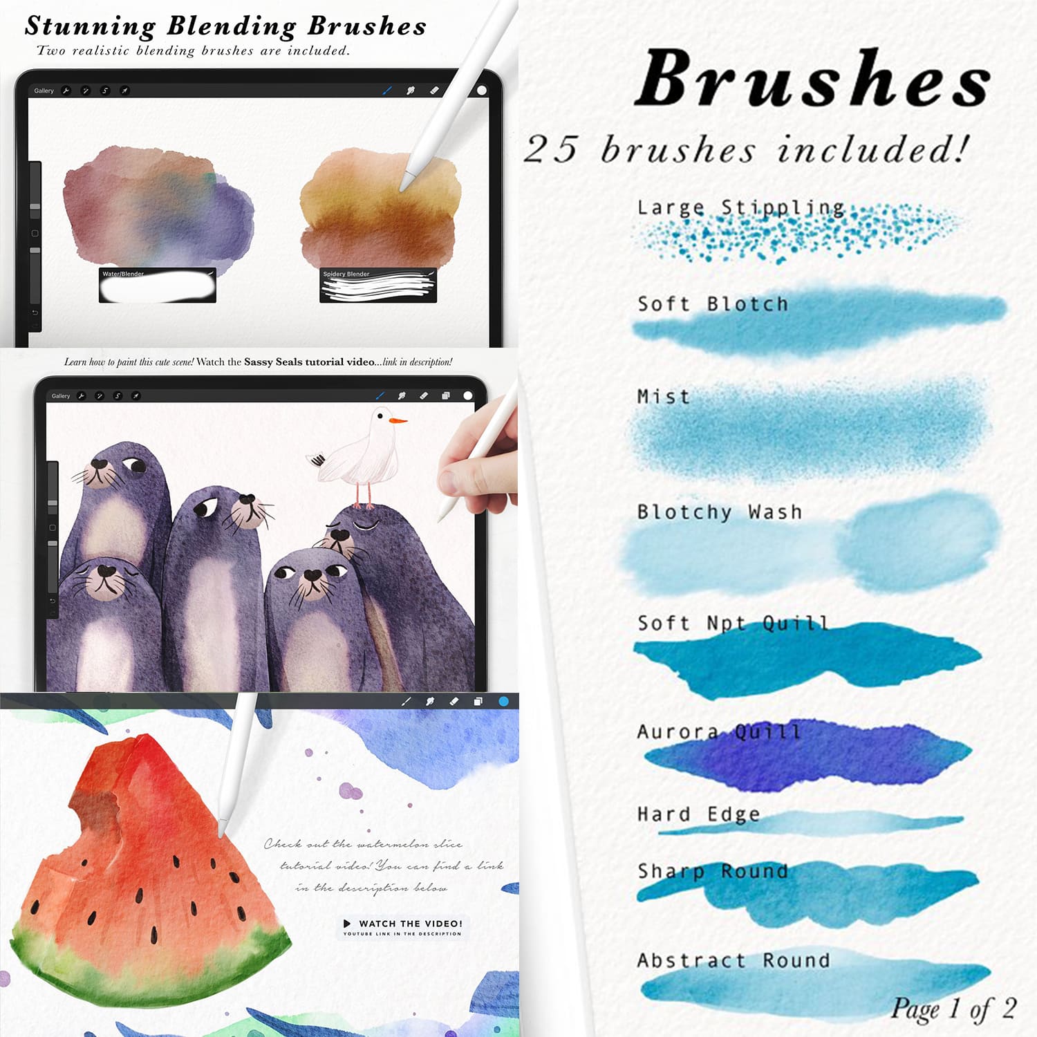Procreate Watercolor Kit Preview With Types Of Brushes.