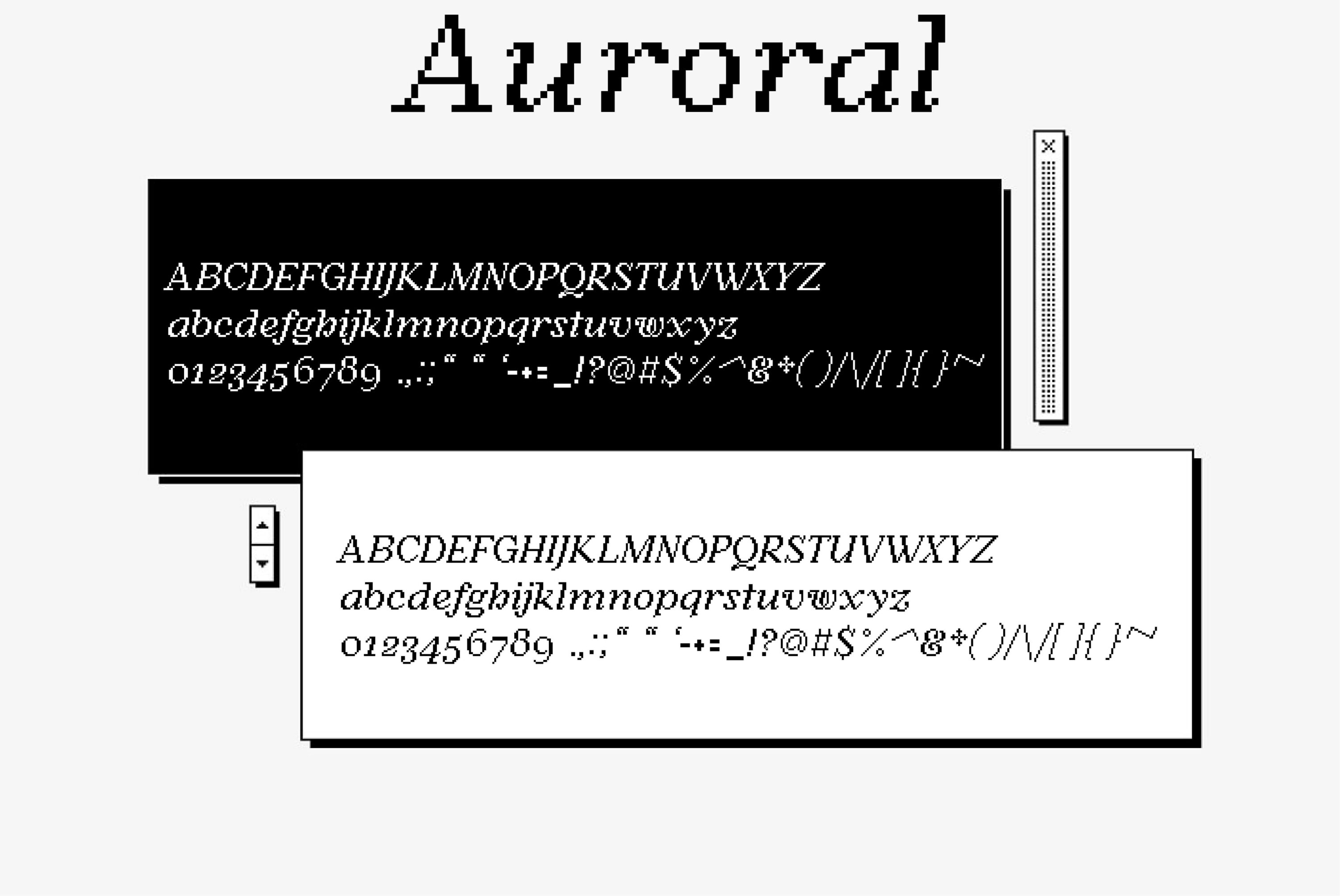 Auroral pixel font.