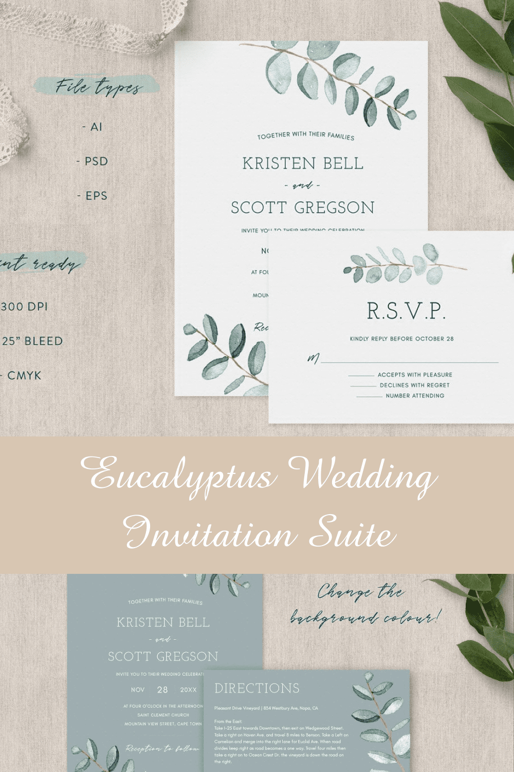 Eucalyptus Wedding Invitation Suite Pinterest image.