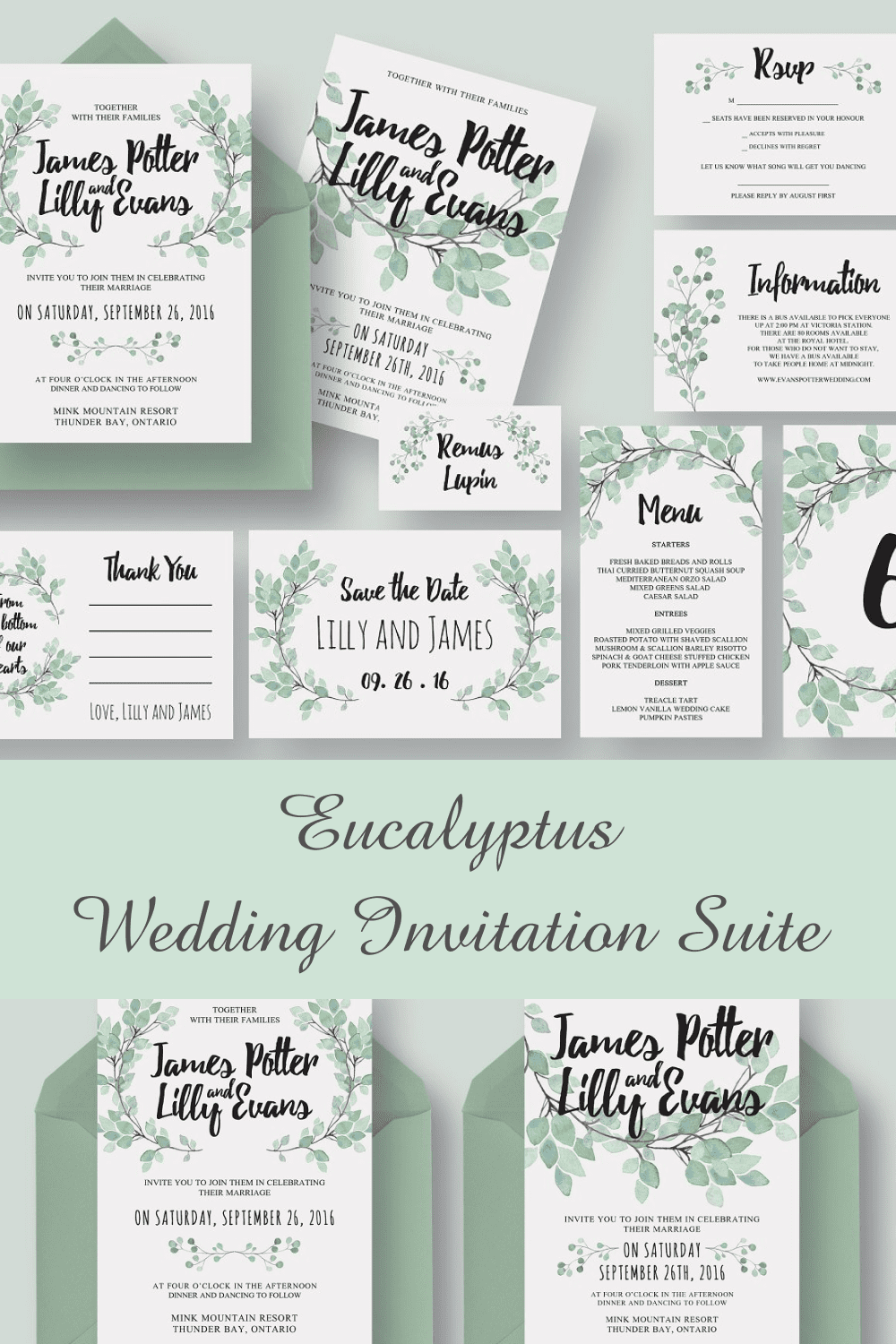 Eucalyptus Wedding Invitation Suite Pinterest image.