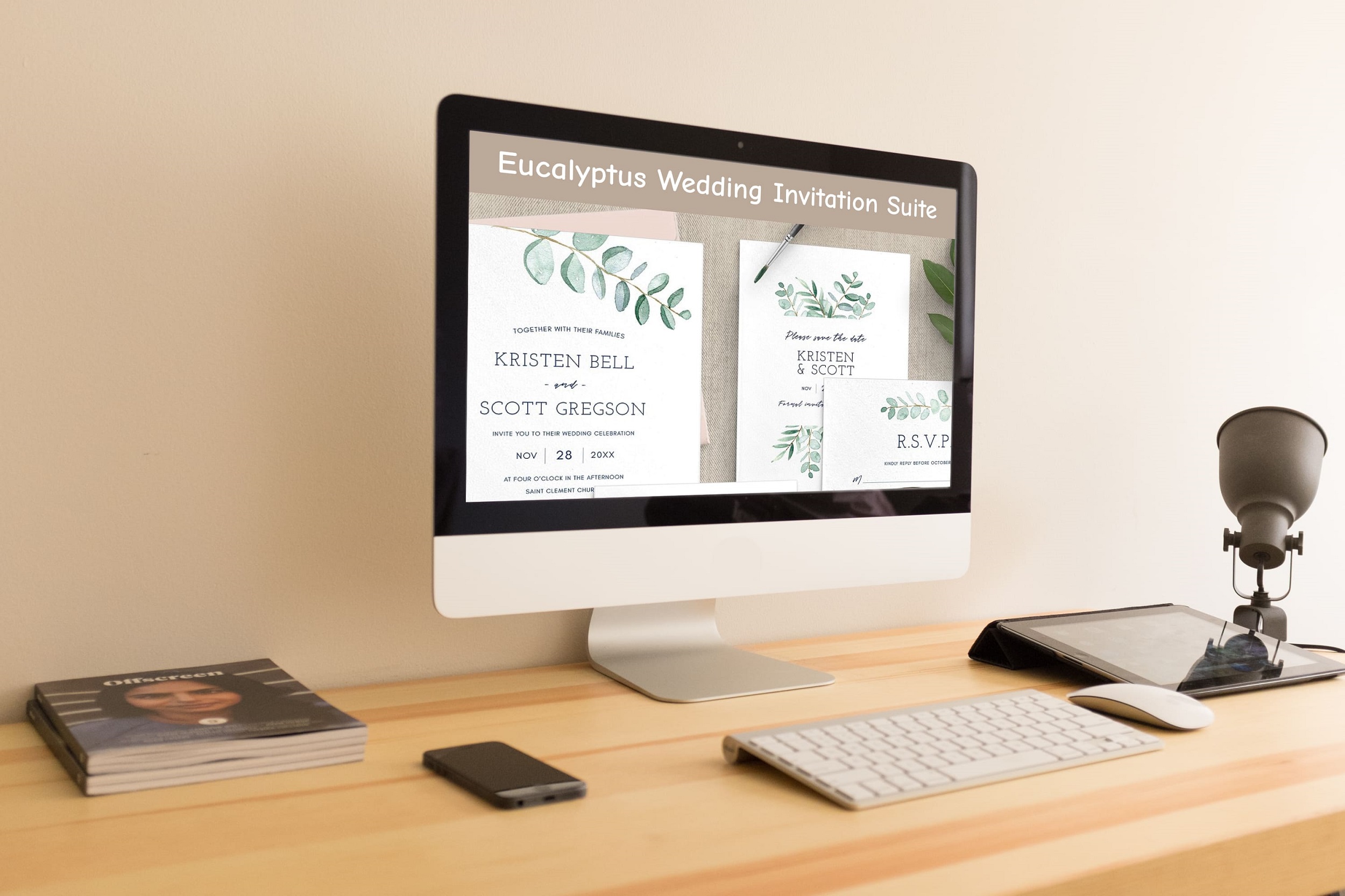 Eucalyptus Wedding Invitation Suite desktop mockup.