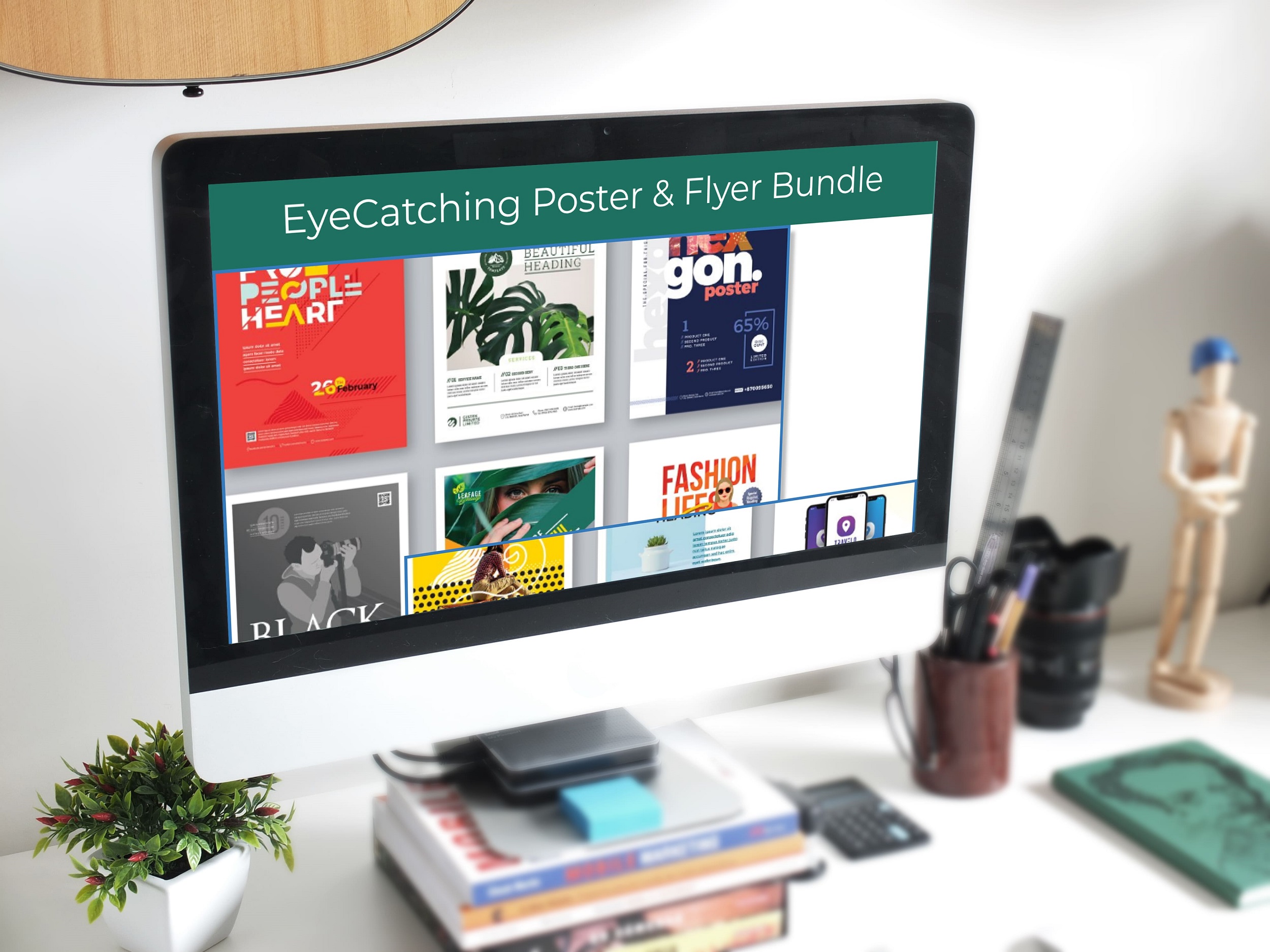 EyeCatching Poster Flyer Bundle desktop mockup.