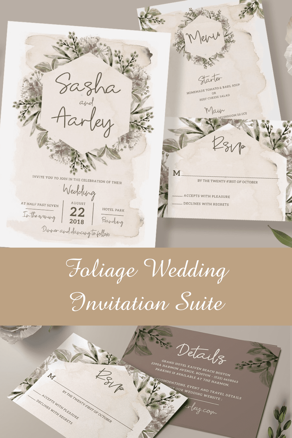 Foliage Wedding Invitation Suite Pinterest image.