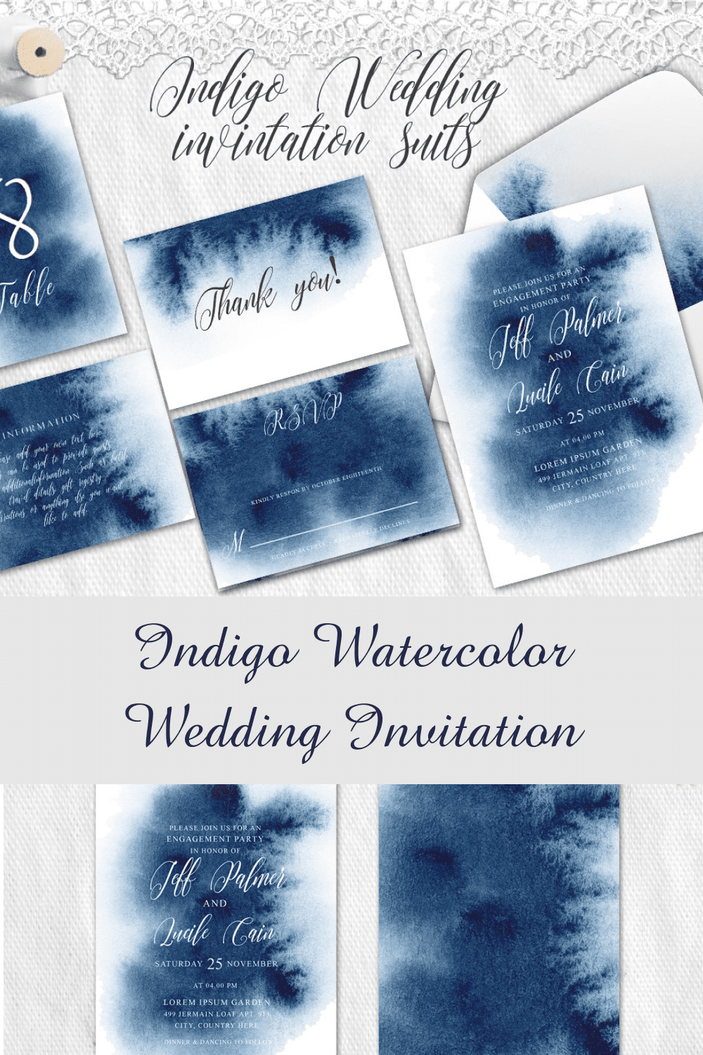 Indigo Watercolor Wedding Invitation Pinterest image.