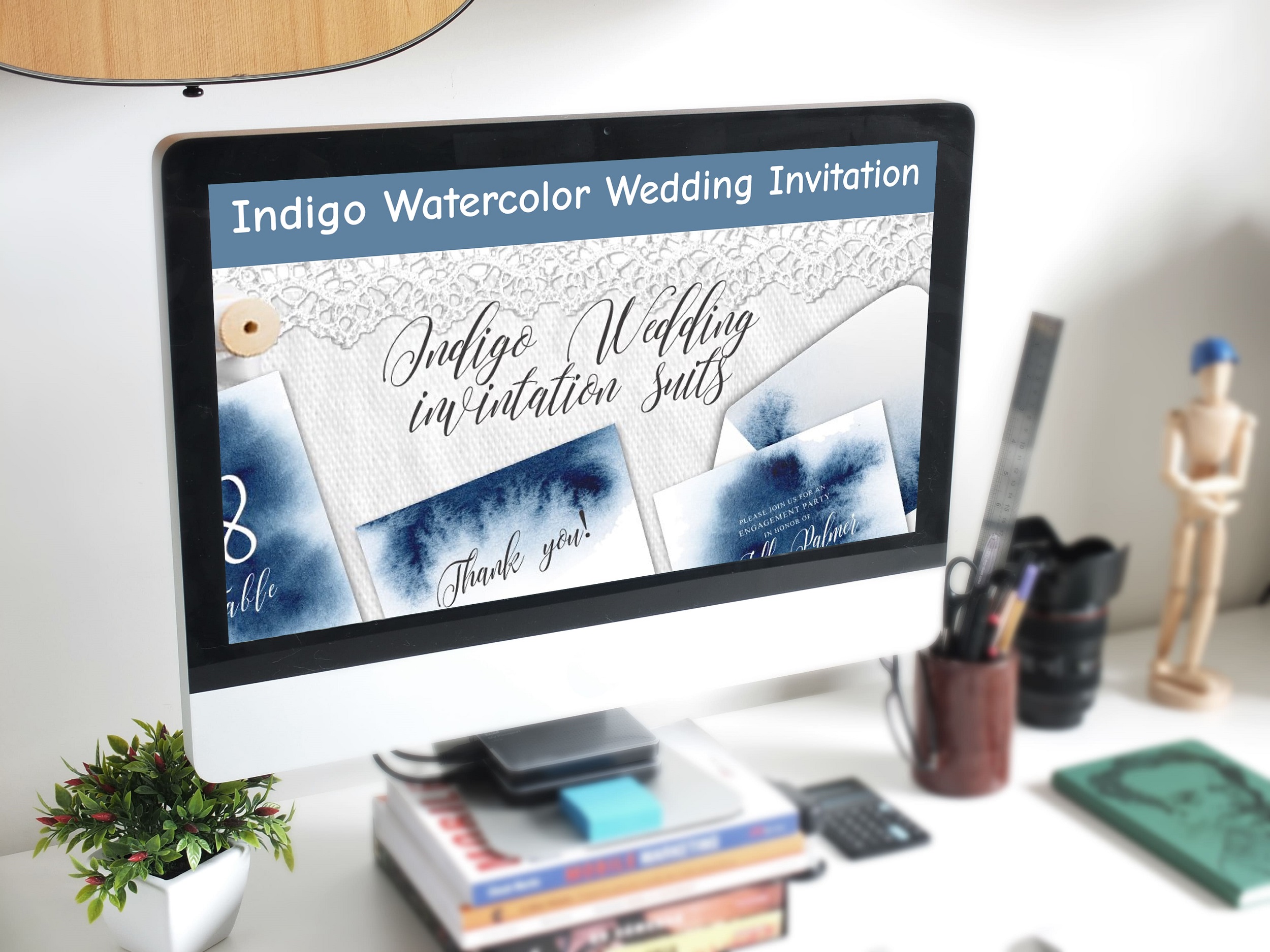 Indigo Watercolor Wedding Invitation desktop mockup.