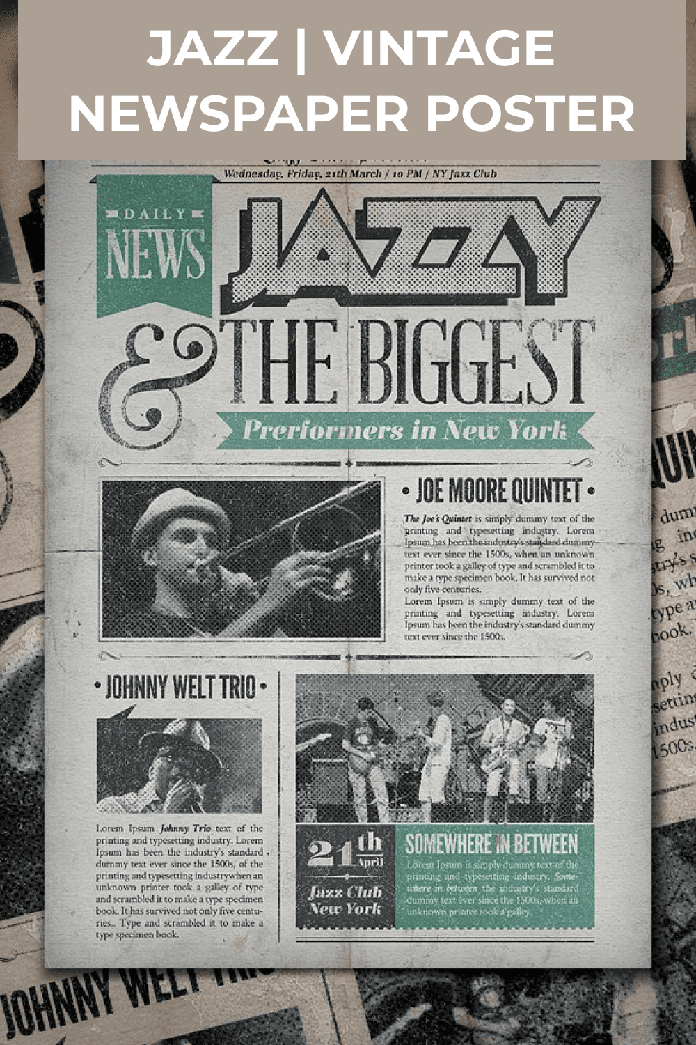 Jazz Vintage Newspaper Poster pinterest image.