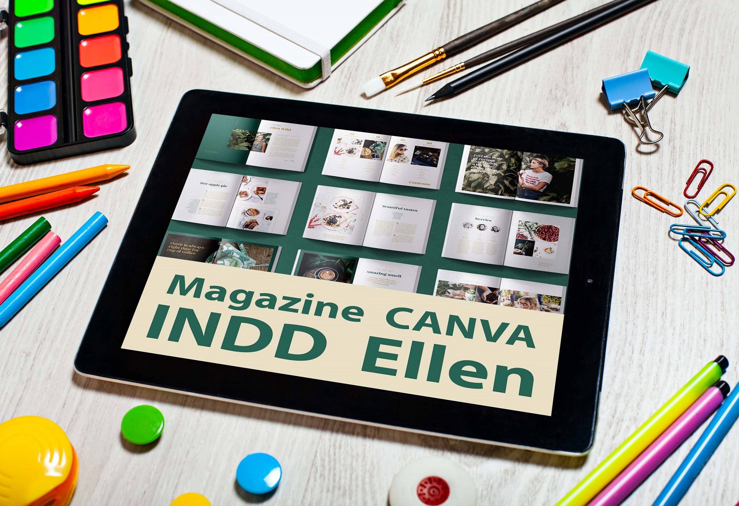 Magazine CANVA INDD Ellen tablet mockup.