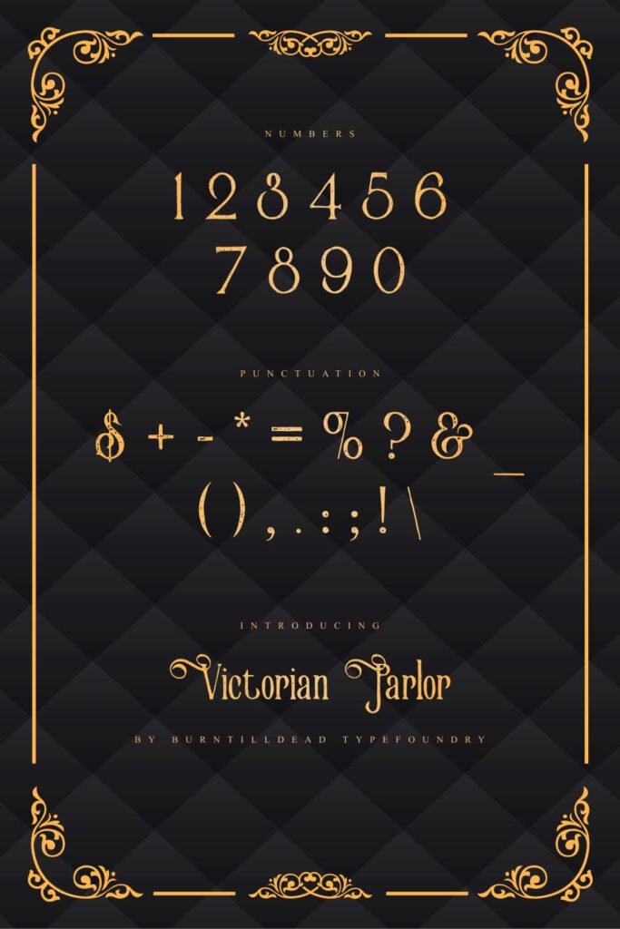 MasterBundles Victorian Parlor Free Font Numbers and Punctuation Pinterest Preview.