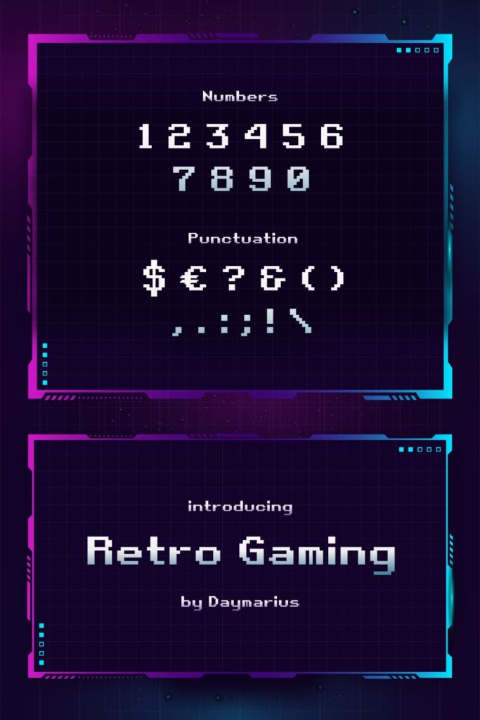 Retro Gaming Font Free Pinterest MasterBundles Preview Numbers and Punctuation.