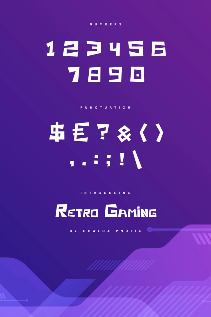 MasterBundles Retro Gaming Free Font Pinterest Collage Image with Numbers and Punctuation.