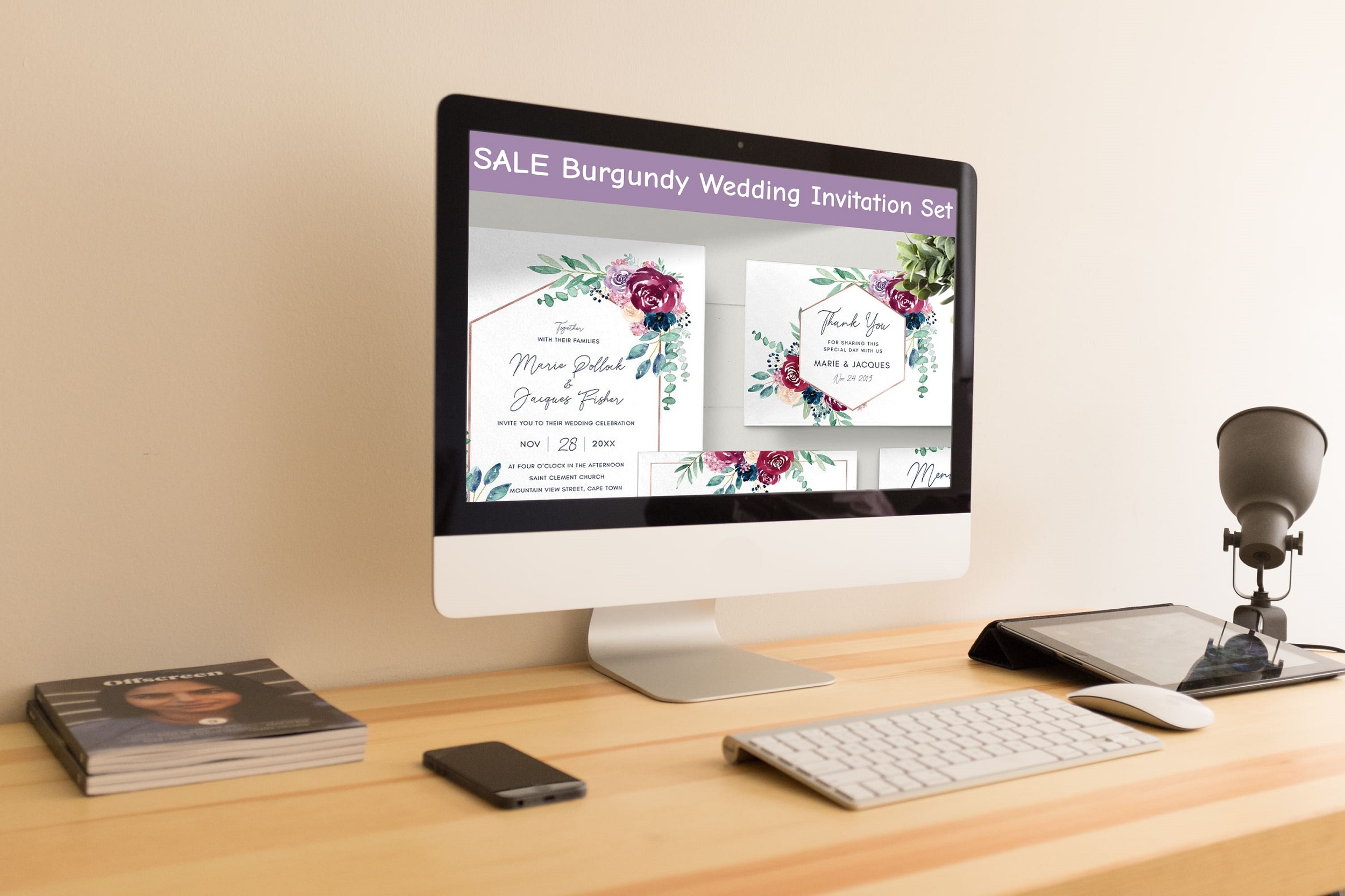 SALE Burgundy Wedding Invitation Set desktop mockup.