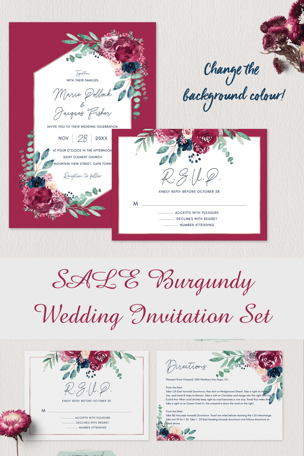 SALE Burgundy Wedding Invitation Set pinterest image.